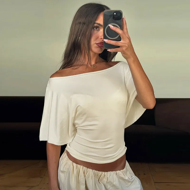 Women Fashion Solid Color Short-Sleeved Cropped Top