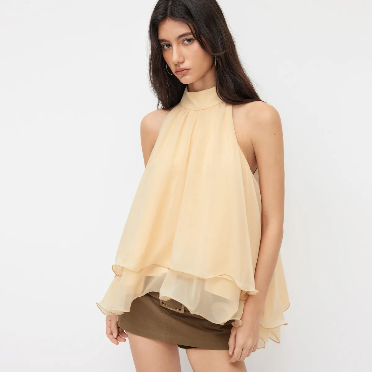 Women Fashion Neck Chiffon Sleeveless Top
