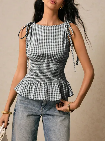 Women Retro Plaid Sleeveless Strappy Shirt