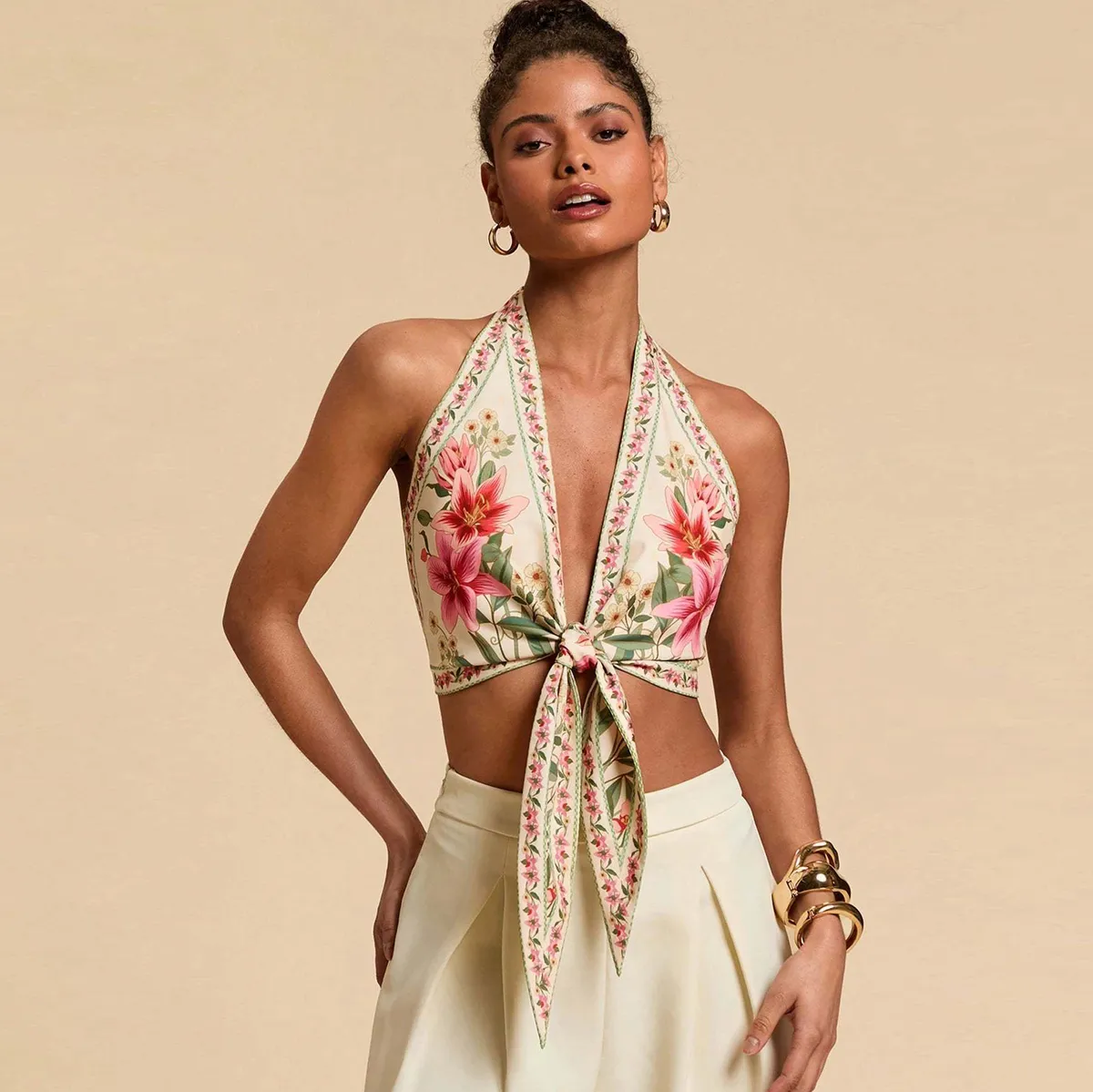 Vacation Women Fashionable Backless Printed Neck Strap Cropped Top