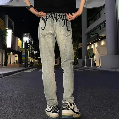 Men Fashion Casual Washed Paint Loose Straight Jeans