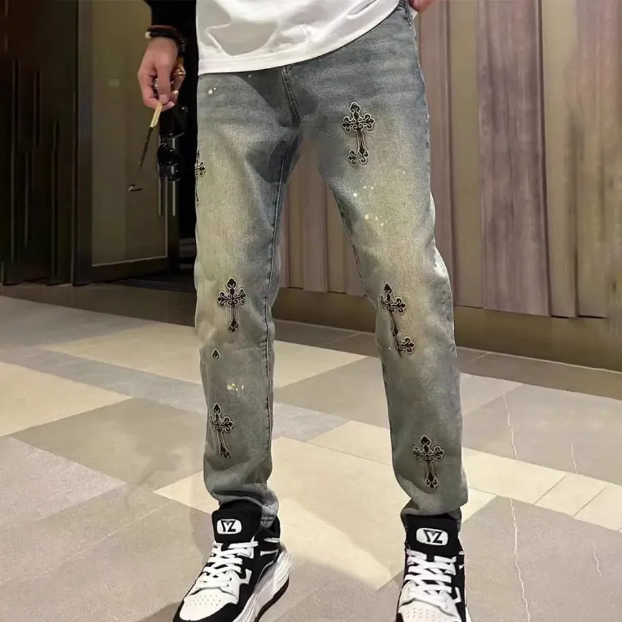 Men Fashion Casual Autumn Embroidered Loose Straight Jeans