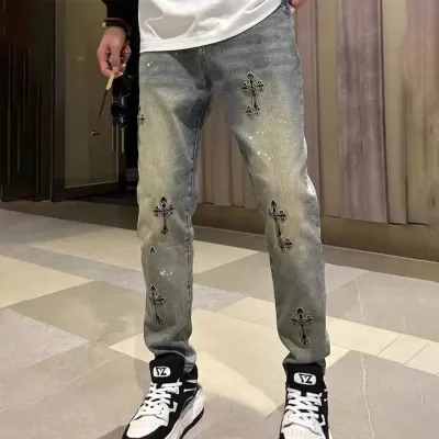 Men Fashion Casual Autumn Embroidered Loose Straight Jeans