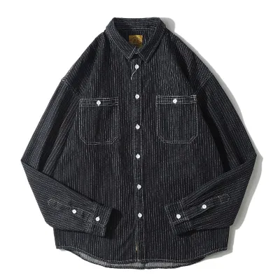 Men'S Retro Casual Stripe Lapel Long-Sleeve Loose Work Denim Shirt
