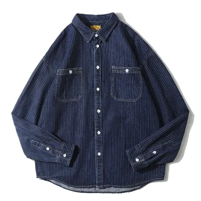 Men'S Retro Casual Stripe Lapel Long-Sleeve Loose Work Denim Shirt