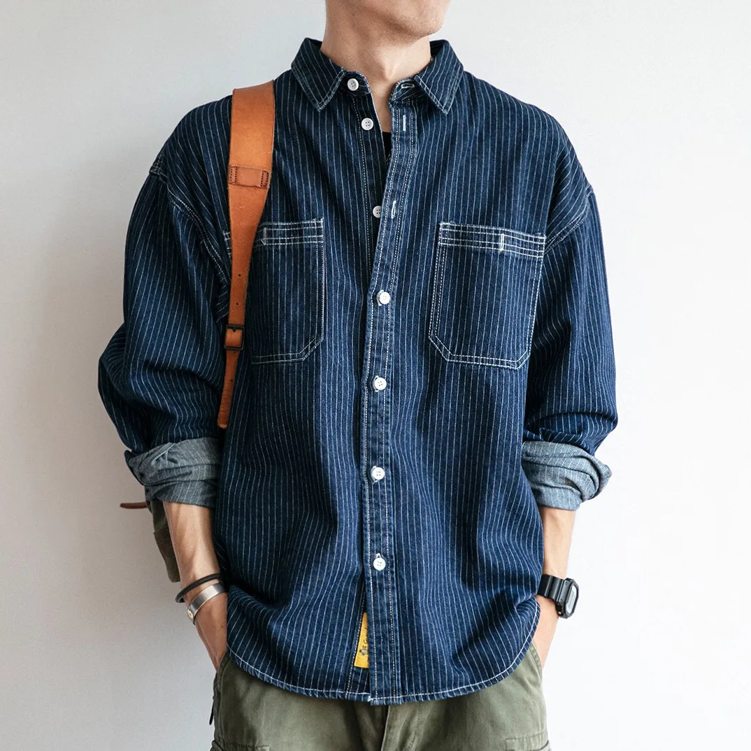 Men'S Retro Casual Stripe Lapel Long-Sleeve Loose Work Denim Shirt