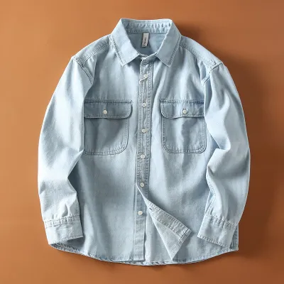 Men'S Fashion Casual Simple Spring And Autumn Lapel Long Sleeve Denim Shirt