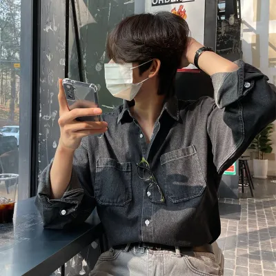 Men Fashion Casual Simple Spring And Autumn Solid Color Long Sleeve Loose Denim Shirt
