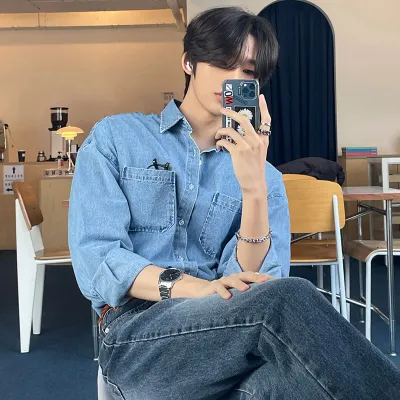 Men Fashion Casual Simple Spring And Autumn Solid Color Long Sleeve Loose Denim Shirt