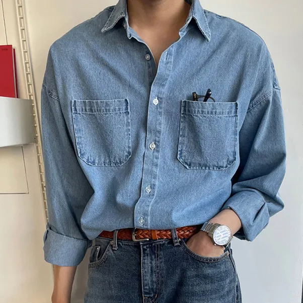 Men Fashion Casual Simple Spring And Autumn Solid Color Long Sleeve Loose Denim Shirt
