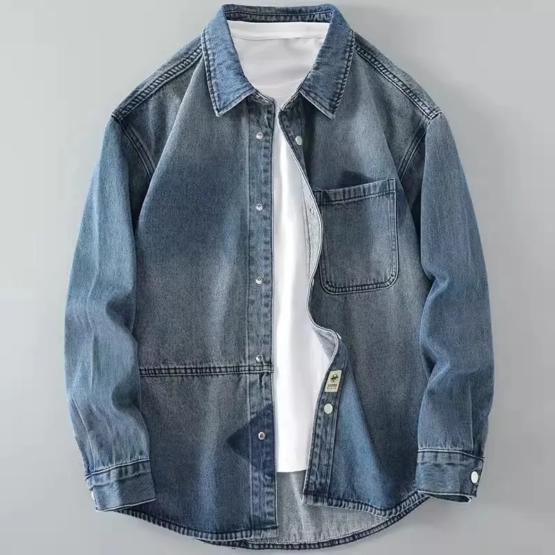 Men Fashion Casual Spring And Autumn Lapel Long-Sleeve Loose Thin Denim Shirt