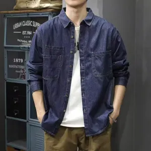 Men Fashion Casual Spring And Autumn Lapel Long-Sleeve Loose Denim Shirt