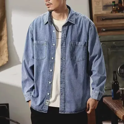 Men'S Fashion Casual Spring And Autumn Lapel Long-Sleeve Loose Denim Shirt