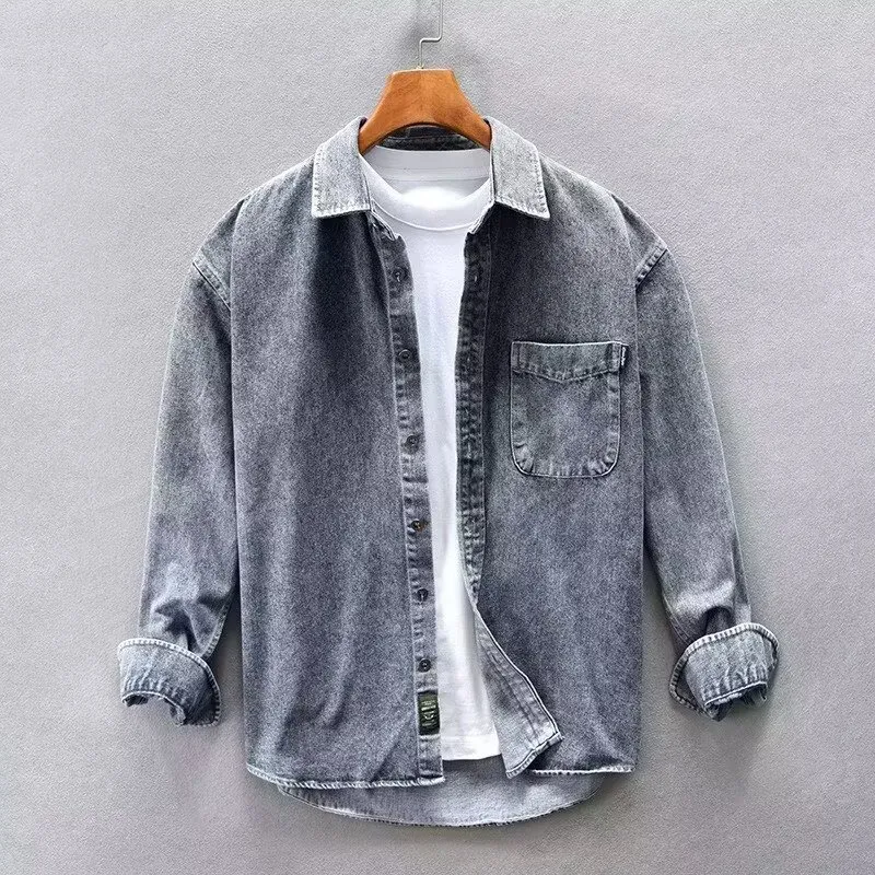 Men Fashion Casual Retro Washed Spring And Autumn Long Sleeve Loose Denim Shirt