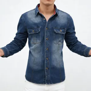 Men Fashion Casual Spring Washed Lapel Long Sleeve Denim Shirt