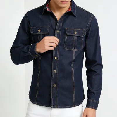 Men Fashion Casual Spring And Autumn Lapel Long Sleeve Denim Shirt