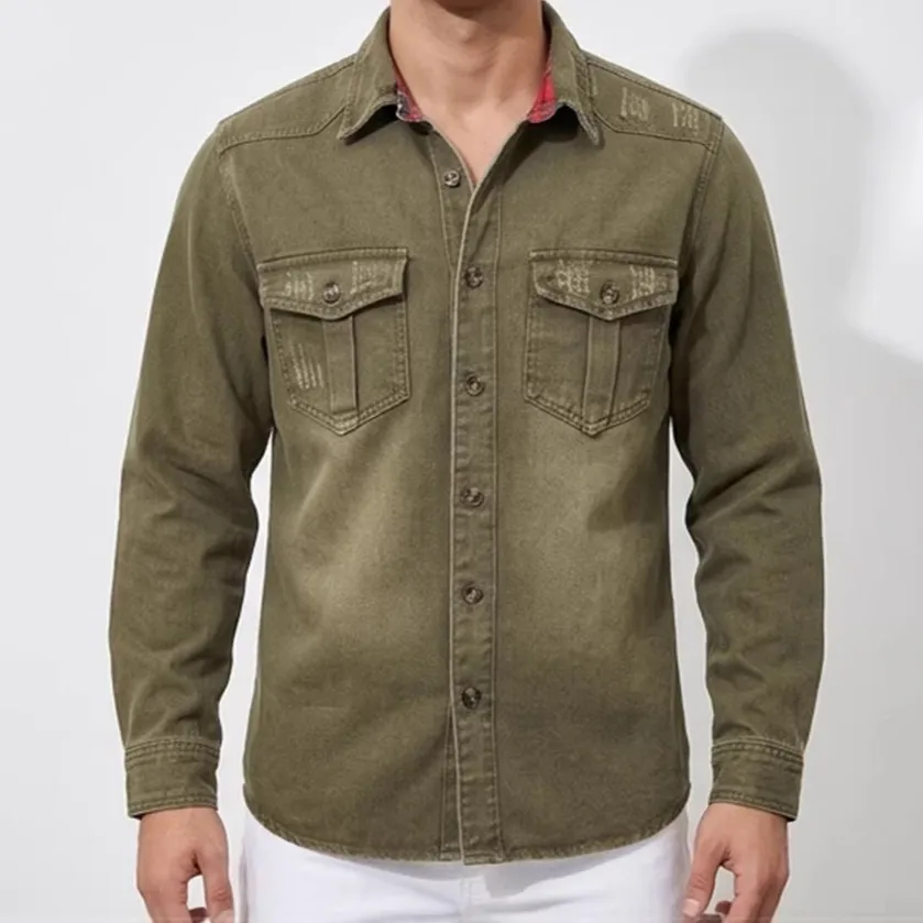 Men Fashion Casual Retro Spring And Autumn Lapel Long-Sleeve Work Denim Shirt