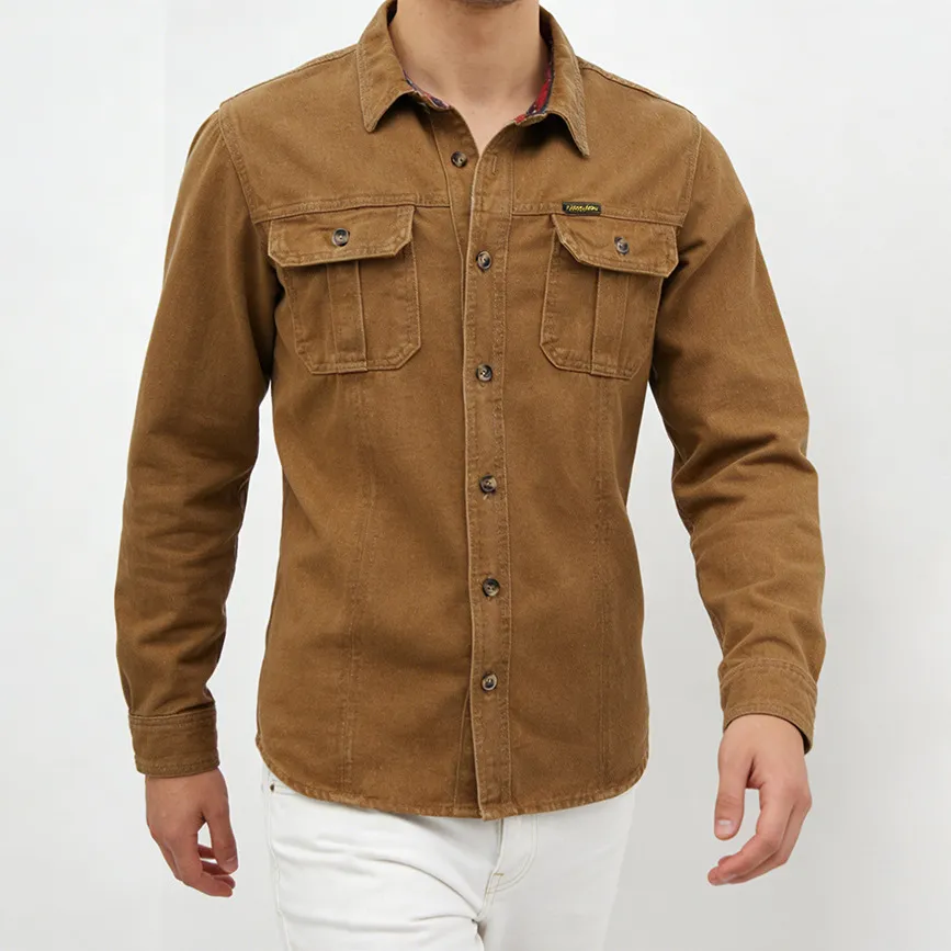 Men Fashion Casual Sutumn Brown Lapel Long-Sleeve Work Denim Shirt