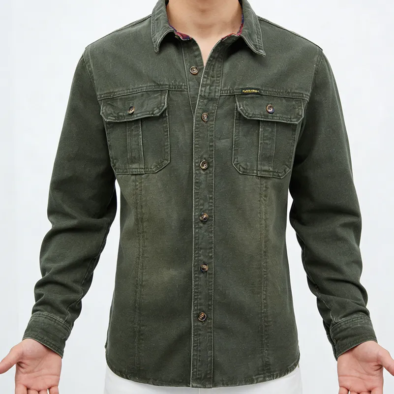 Men Fashion Casual Spring Autumn Cotton Green Lapel Long Sleeve Loose Work Denim Shirt