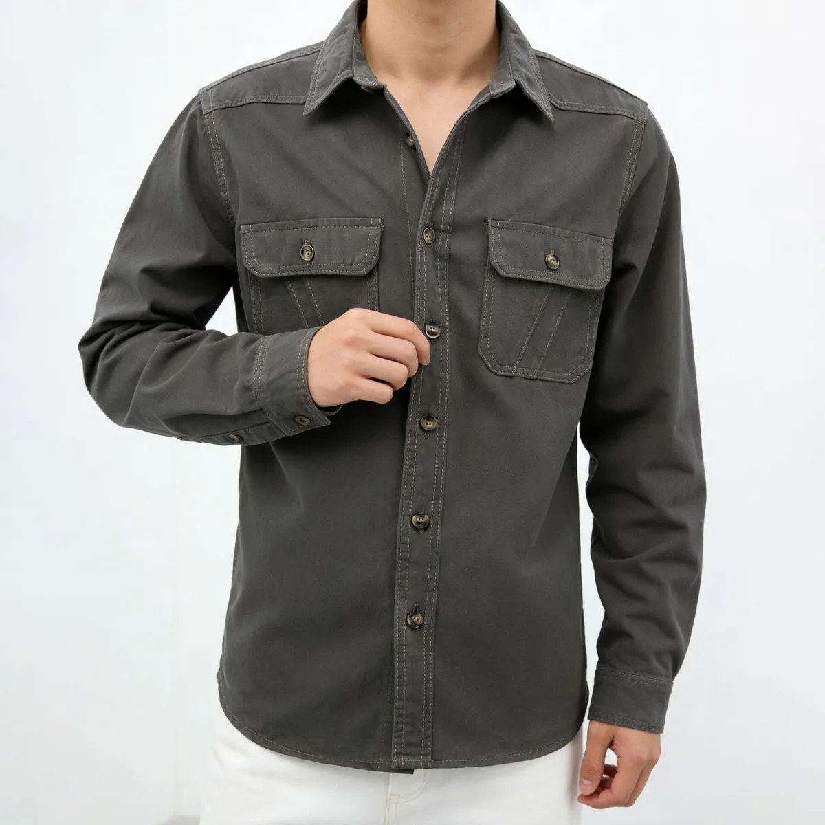 Men'S Fashion Casual Cotton Lapel Long-Sleeve Pockets Work Denim Shirt