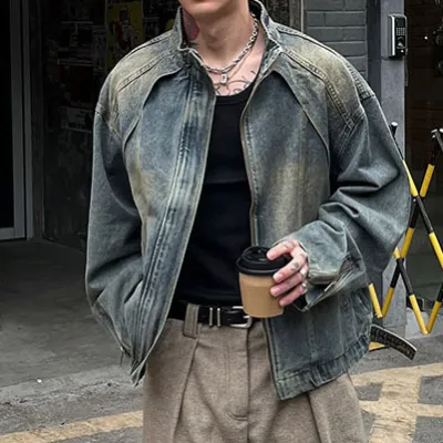 Men Fashion Casual Retro Vertical Collar Zipper Long-Sleeve Denim Jacket