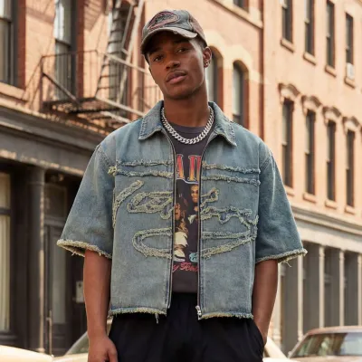 Men Fashion Casual Summer Embroidered Short-Sleeve Loose Denim Jacket