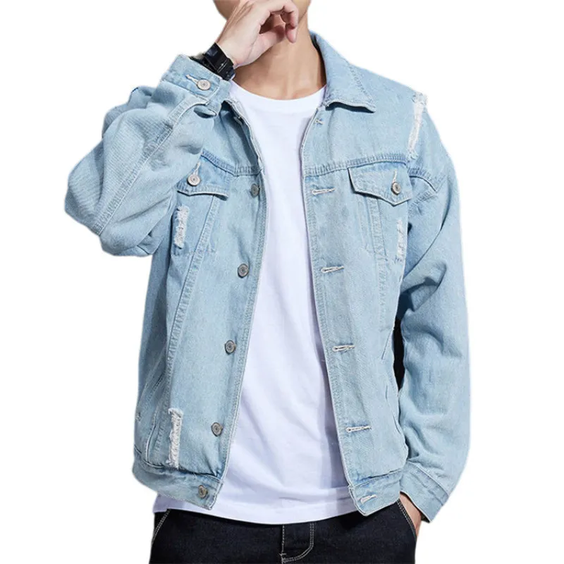Men'S Fashion Casual Spring Ripped Lapel Long-Sleeve Denim Jacket