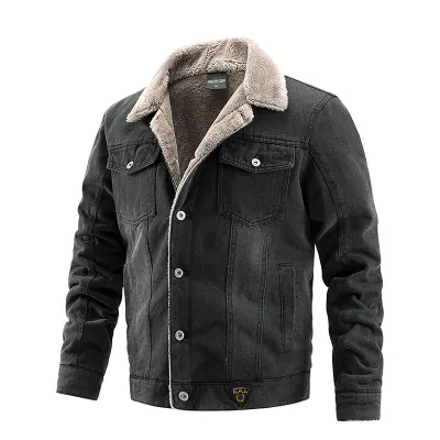 Men'S Fashion Casual Autumn And Winter Fleece-Lined Lapel Long-Sleeve Denim Jacket