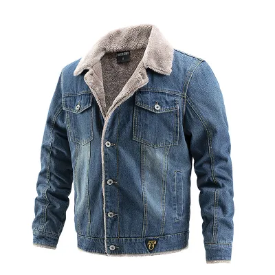 Men'S Fashion Casual Autumn And Winter Fleece-Lined Lapel Long-Sleeve Denim Jacket