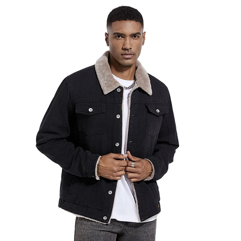 Men'S Fashion Casual Autumn And Winter Fleece-Lined Lapel Long-Sleeve Denim Jacket
