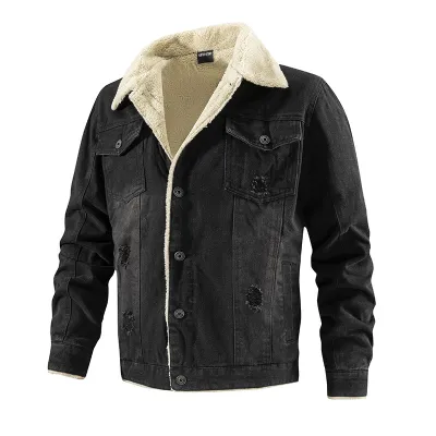 Men Fashion Casual Autumn And Winter Lapel Long-Sleeve Fleece-Lined Thickened Denim Jacket