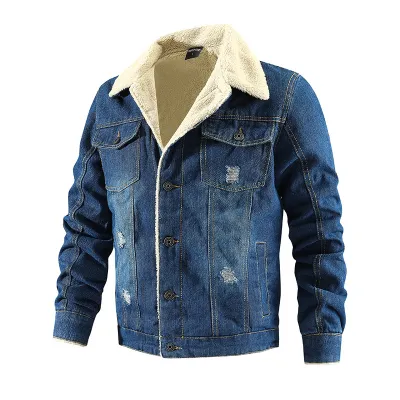 Men Fashion Casual Autumn And Winter Lapel Long-Sleeve Fleece-Lined Thickened Denim Jacket