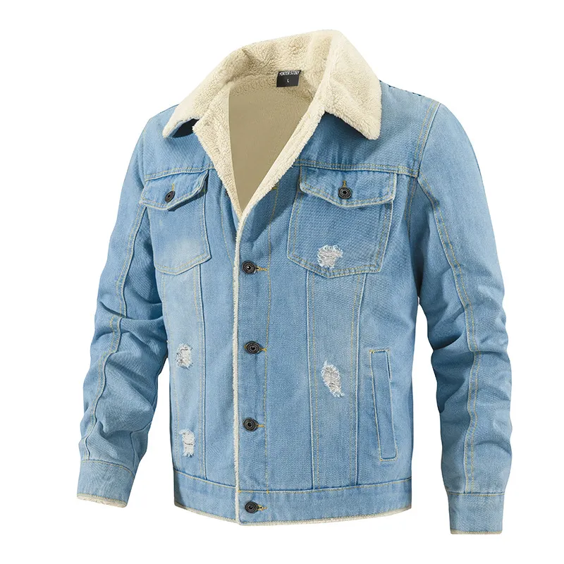 Men Fashion Casual Autumn And Winter Lapel Long-Sleeve Fleece-Lined Thickened Denim Jacket