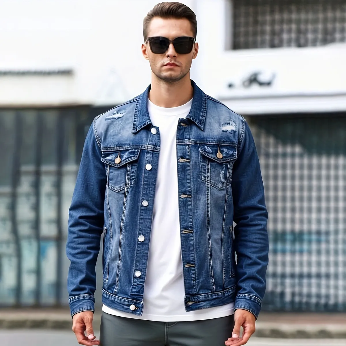 Men'S Fashion Casual Autumn Ripped Laple Long-Sleeve Denim Jacket
