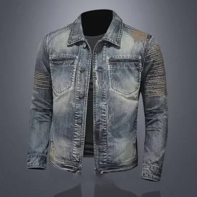Men Fashion Casual Retro Spring And Autumn Lapel Long-Sleeve Slim-Fit Denim Jacket
