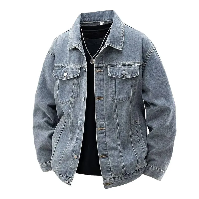 Men Fashion Casual Simple Spring Washed Lapel Long-Sleeve Loose Denim Jacket
