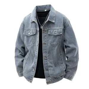 Men Fashion Casual Simple Spring Washed Lapel Long-Sleeve Loose Denim Jacket