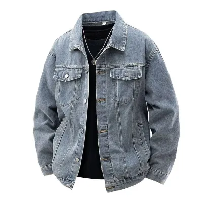Men Fashion Casual Simple Spring Washed Lapel Long-Sleeve Loose Denim Jacket