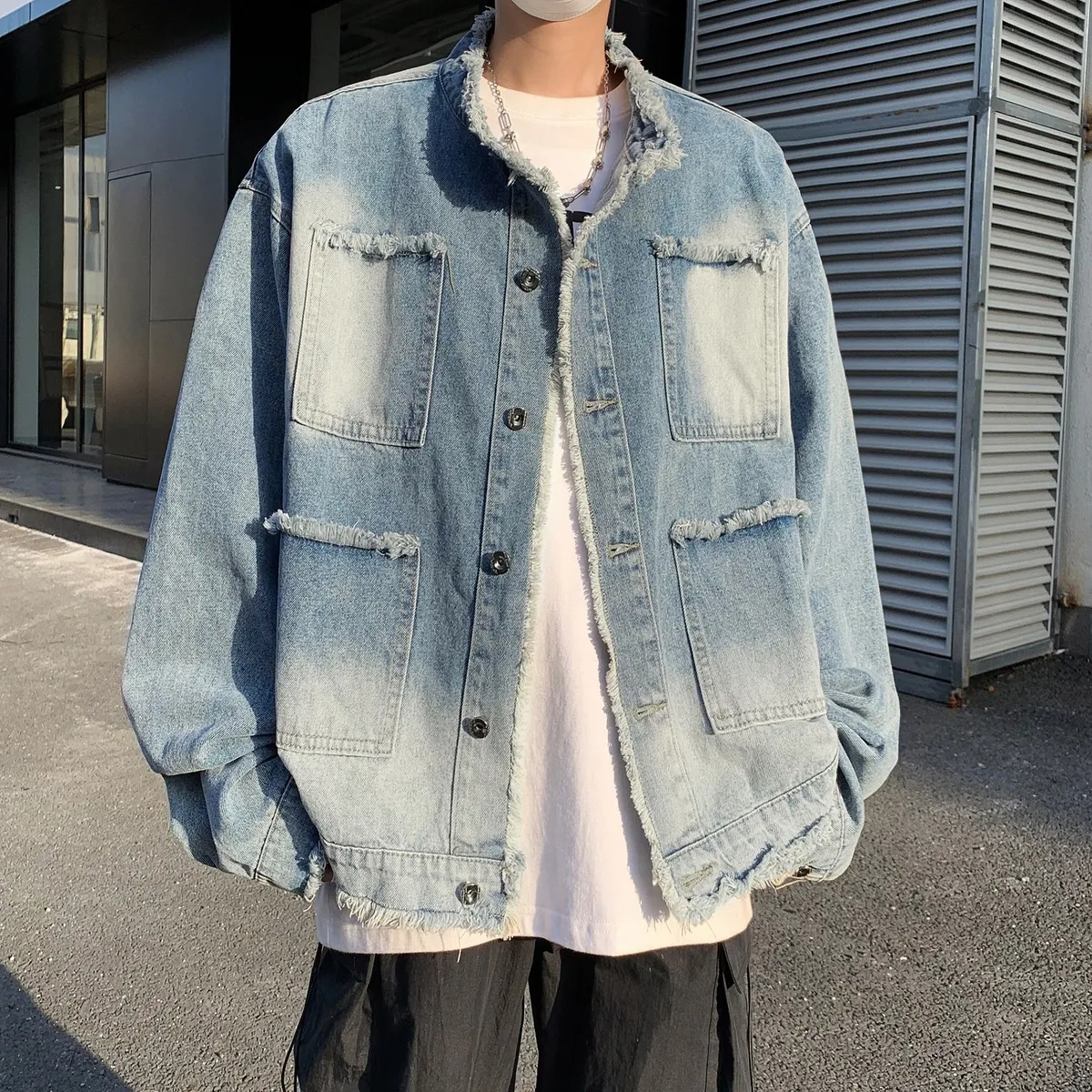 Men Fashion Casual Spring And Autumn Retro Fur Edge Washed Loose Denim Jacket
