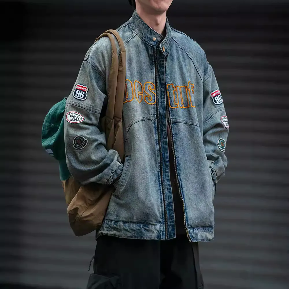 Men Fashion Casual Retro Letter Design Stand Collar Long-Sleeve Denim Jacket