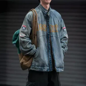Men Fashion Casual Retro Letter Design Stand Collar Long-Sleeve Denim Jacket
