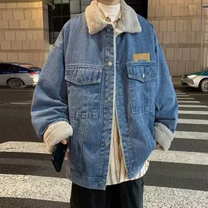 Men Fashion Casual Retro Winter Fleece-Lined Thickened Lapel Long-Sleeve Loose Denim Jacket