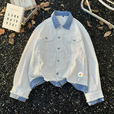 Men Fashion Casual Plaid Stitching Fake Two-Piece Loose Denim Jacket