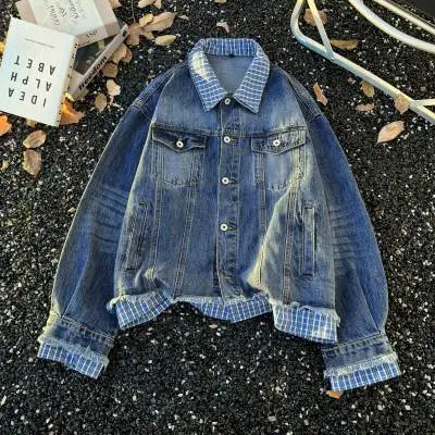 Men Fashion Casual Plaid Stitching Fake Two-Piece Loose Denim Jacket