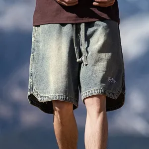 Men Fashion Casual Summer Dressed Wash Loose Drawstring Denim Shorts