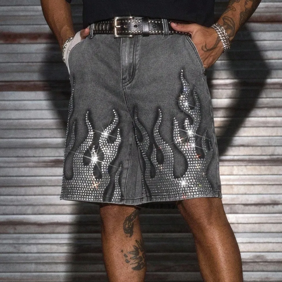 Men Fashion Casual Rhinestone Flame Old Washed Straight Denim Shorts