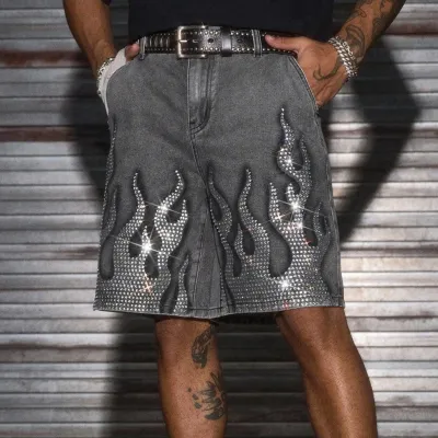 Men Fashion Casual Rhinestone Flame Old Washed Straight Denim Shorts