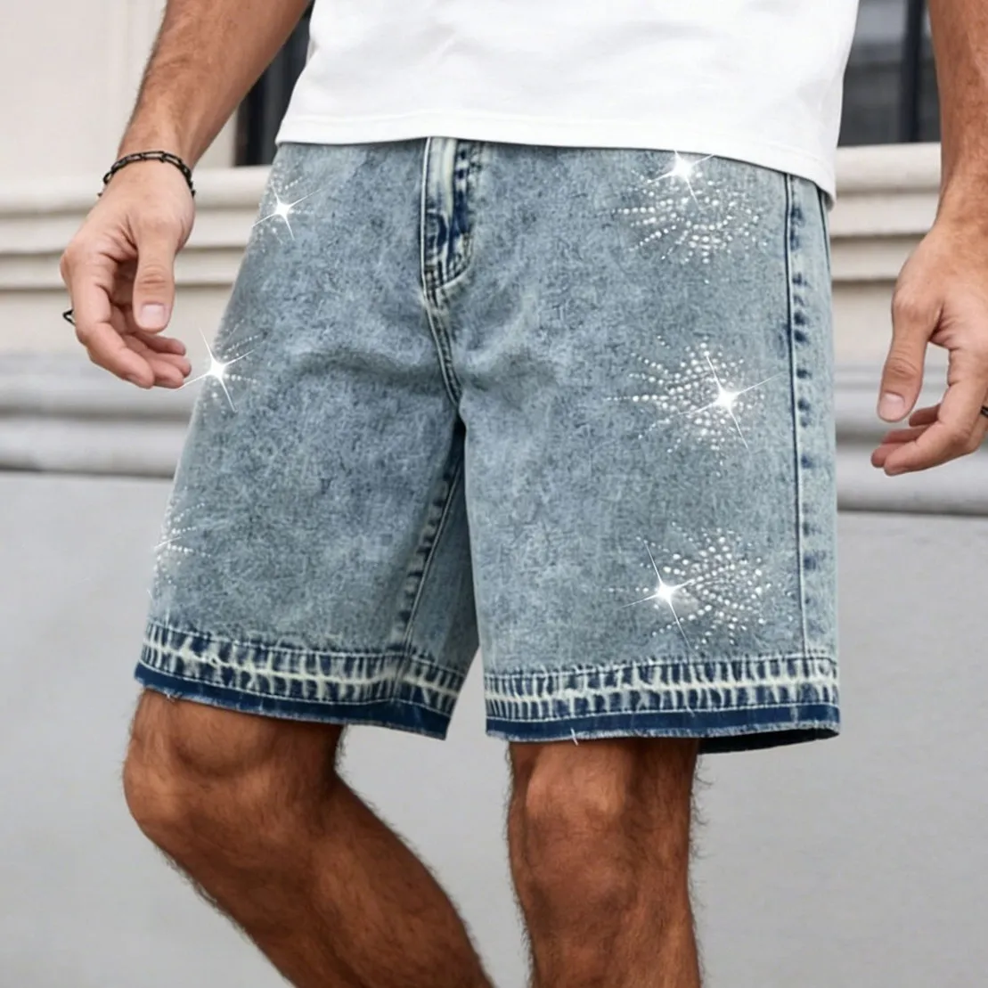 Men'S Fashion Casual Summer Wash Rhinestone Denim Shorts