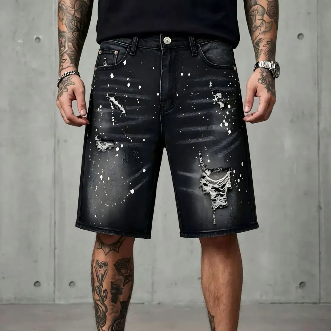 Men Fashion Casual Summer Black Splash Ink Ripped Straight Denim Shorts