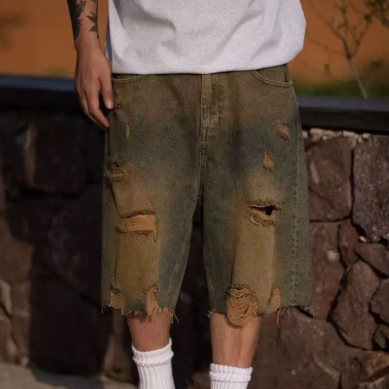 Men Fashion Retro Summer Ripped Loose Wide-Leg Denim Shorts